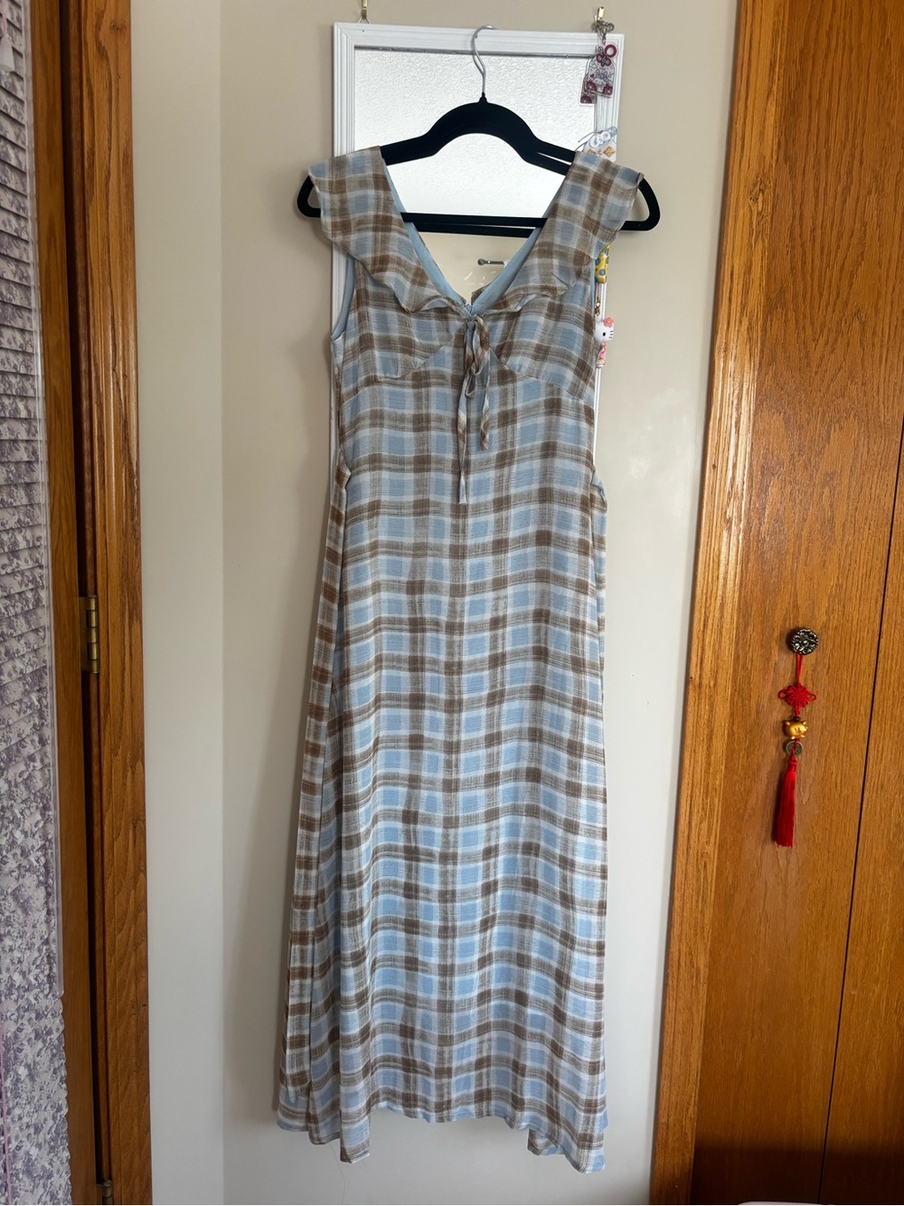 Plaid Sleeveless Maxi Dress in Light Blue and Brown
